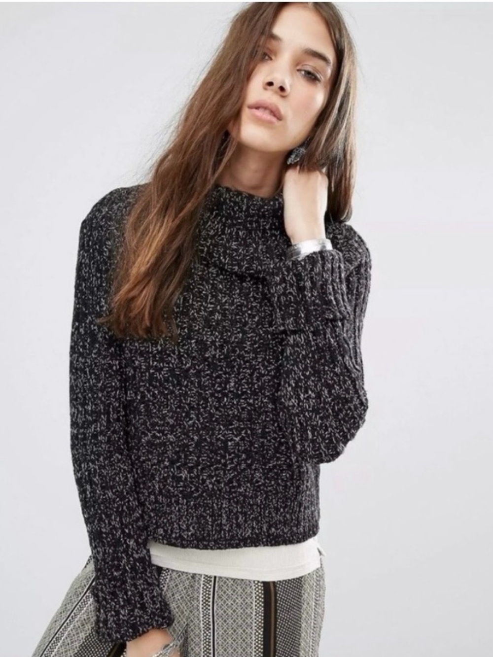 Free People Black White Marled Cable Knit Cropped Turtleneck Sweater Size S